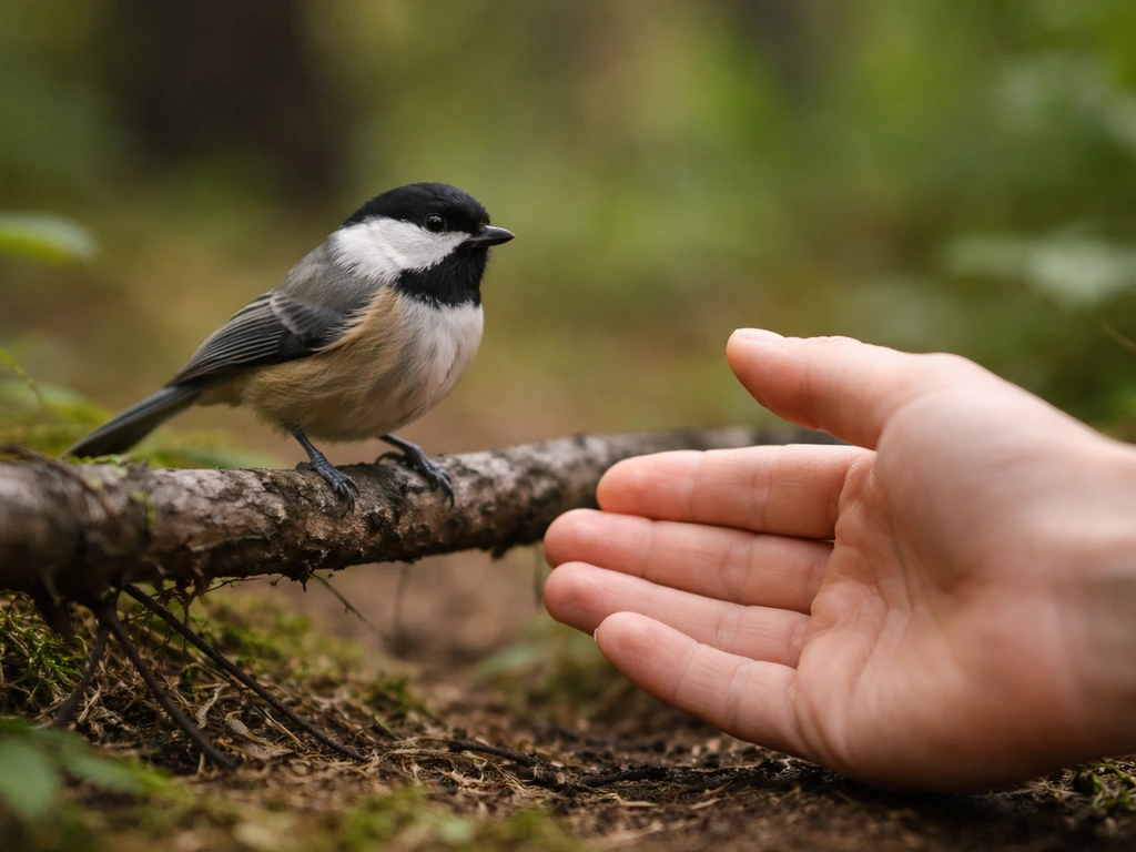 Anonymous hands slowly approach a perched bird from the side/below in natural light.