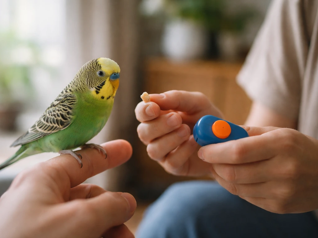 Person calmly rewards a bird stepping up with a clicker and a small treat