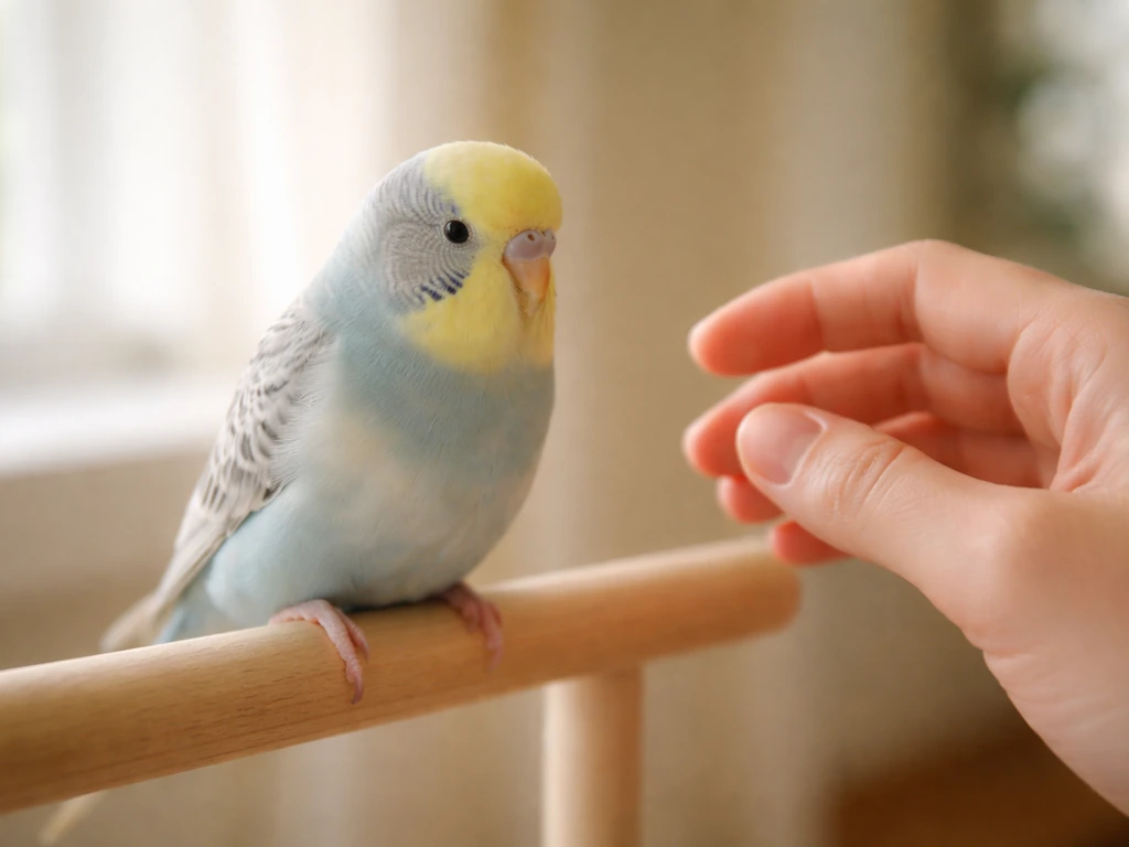 Close-up of a calm bird perched indoors with a trainer’s hand held nearby, showing gentle desensitization.