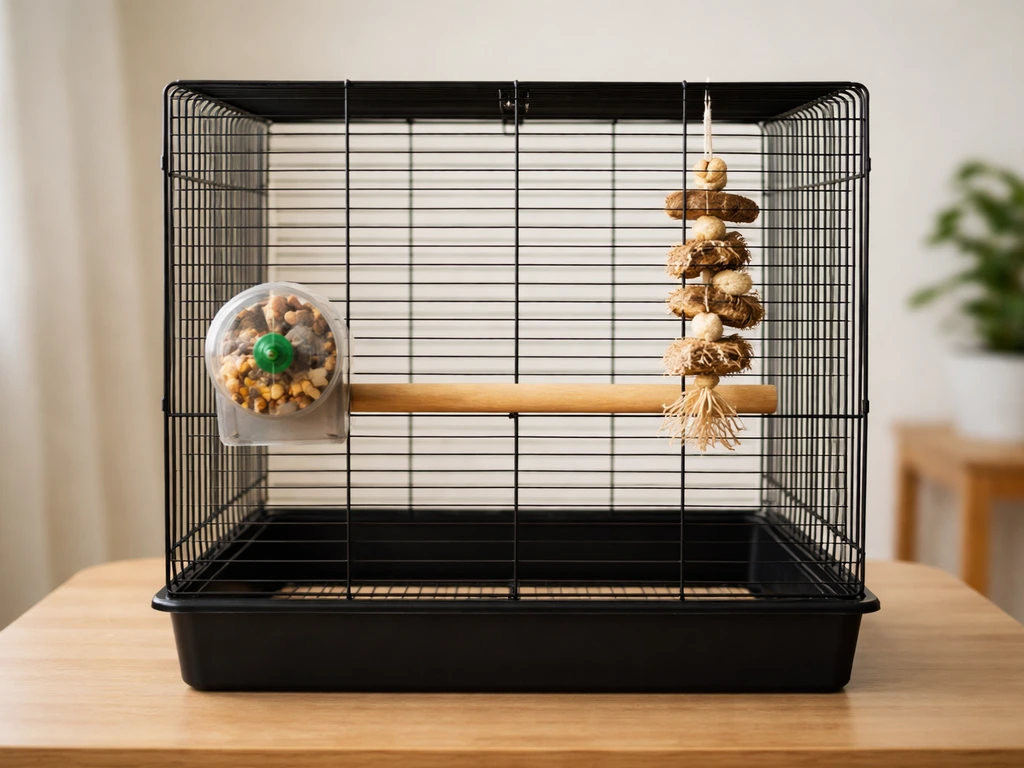 A small parrot perch set at chest height inside a clean cage with foraging and chew toys