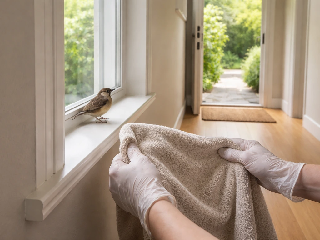 Gloved person gently guides a small bird toward an open door in a bright entryway