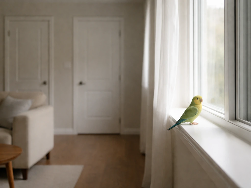 A calm indoor scene with a small bird safely contained in an uncluttered room with doors closed.