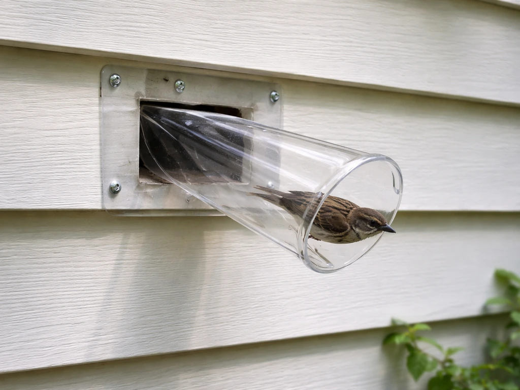A one-way bird exit funnel/flap mounted on a house exterior opening as a small bird heads out.