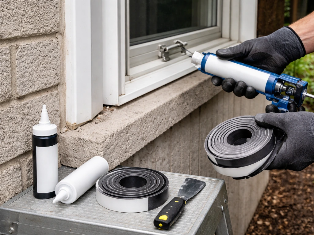 Gloved hands with caulk gun and weather-stripping sealing a small gap on a building exterior during inspection.