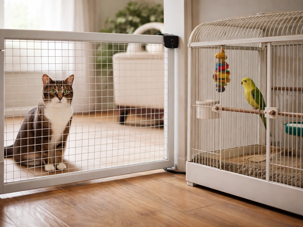 A cat watches from behind a secure barrier while a bird stays safely inside its enclosed cage.