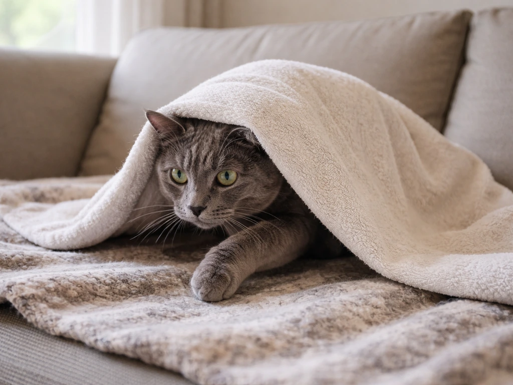 Gray house cat mid-pounce with a towel gently covering it over a couch, safely interrupting predatory behavior.