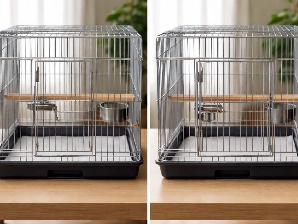 Two closed bird cages side-by-side, showing a basic latch versus a secondary locked, reinforced enclosure.