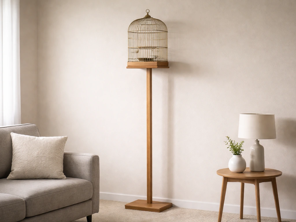 A bird cage on a high, stable stand placed away from nearby furniture, keeping it out of a cat’s reach.