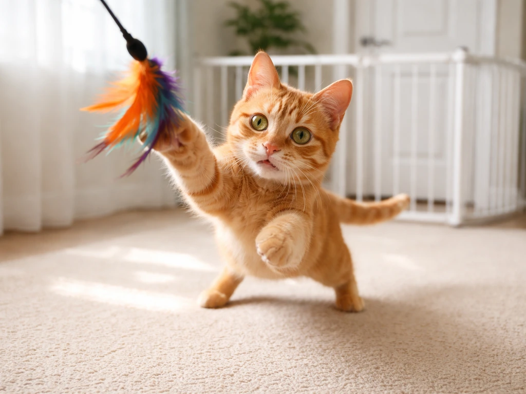 Orange tabby cat plays with a wand toy while a gated off-limits area remains closed in the background.