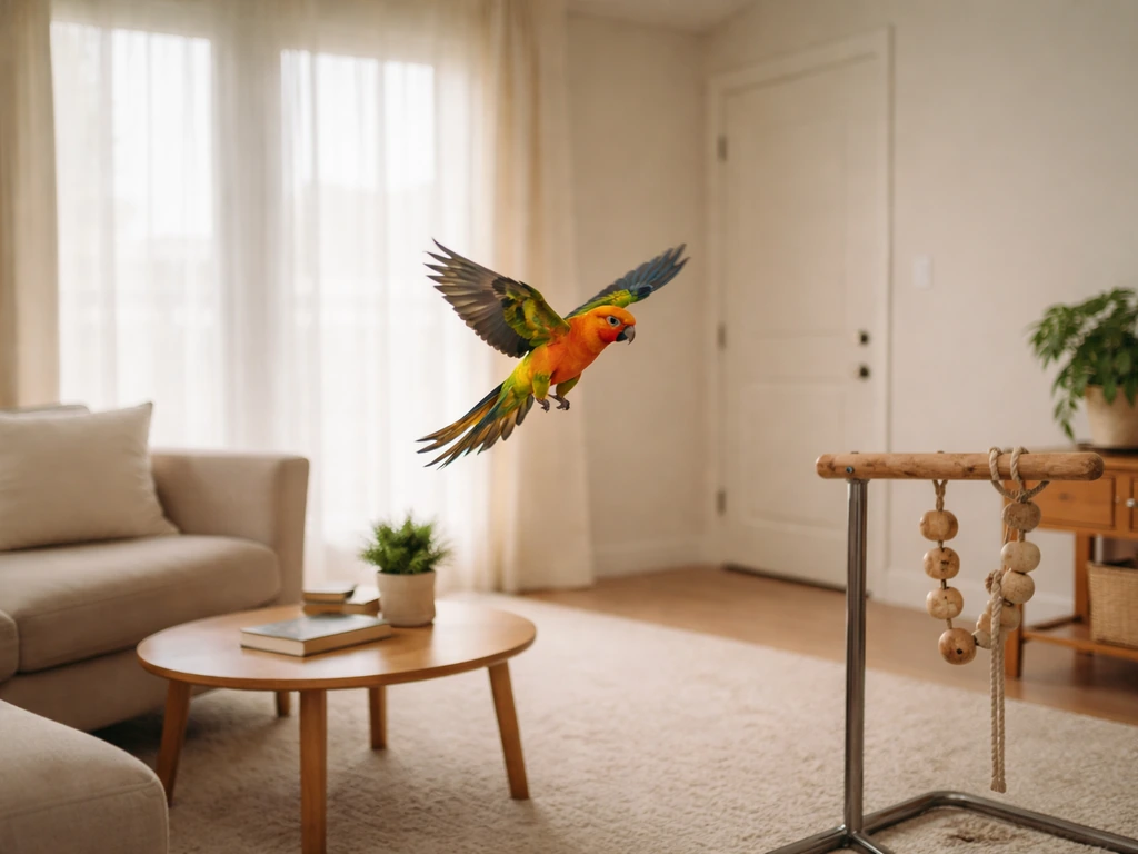 Small parrot flying in a room while a cat stays out of sight behind a closed door; windows are covered.