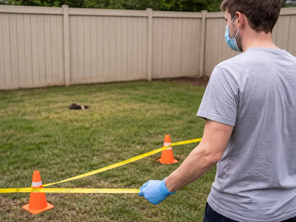 Homeowner in disposable PPE holds a cordon line keeping kids and pets away from a bird area.