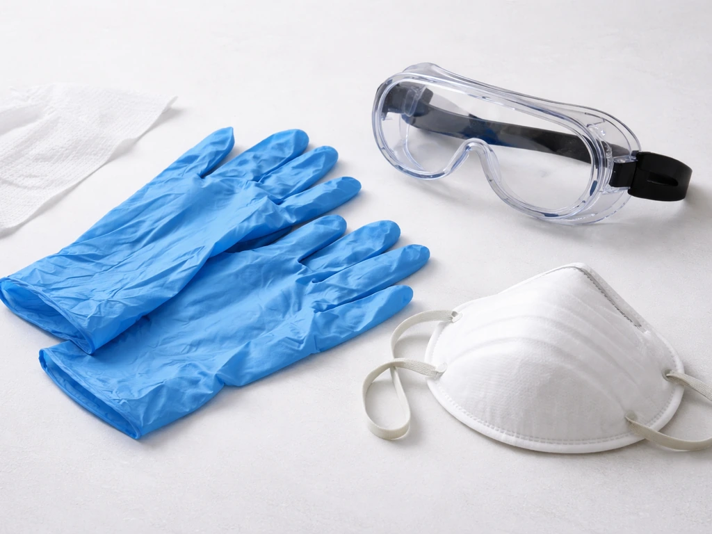 Disposable waterproof gloves, safety goggles, and a respirator laid neatly on a clean surface for PPE.