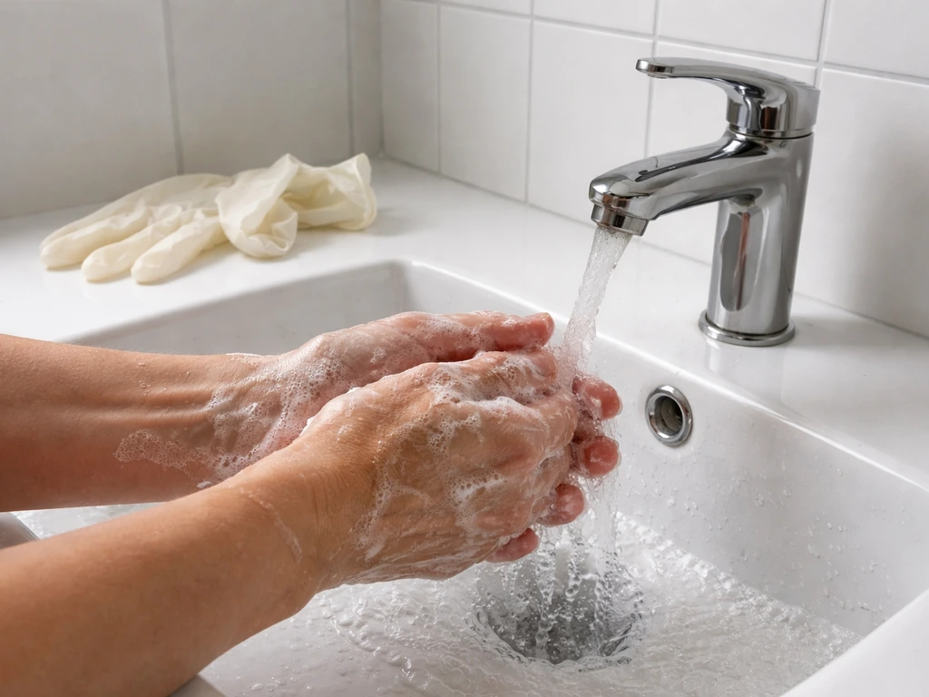 Gloved hands removed, then washing hands with soap and running water at a home sink