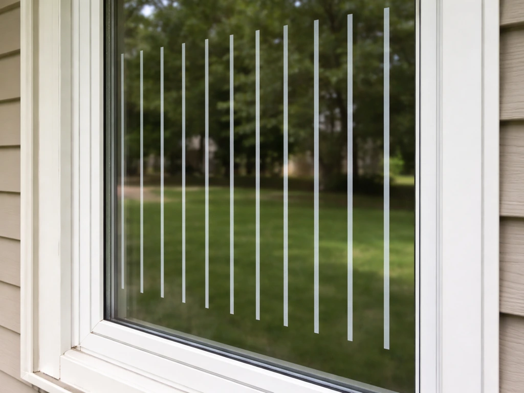 Close-up of bird-safe deterrent tape decals applied in a grid on the outside of a window.