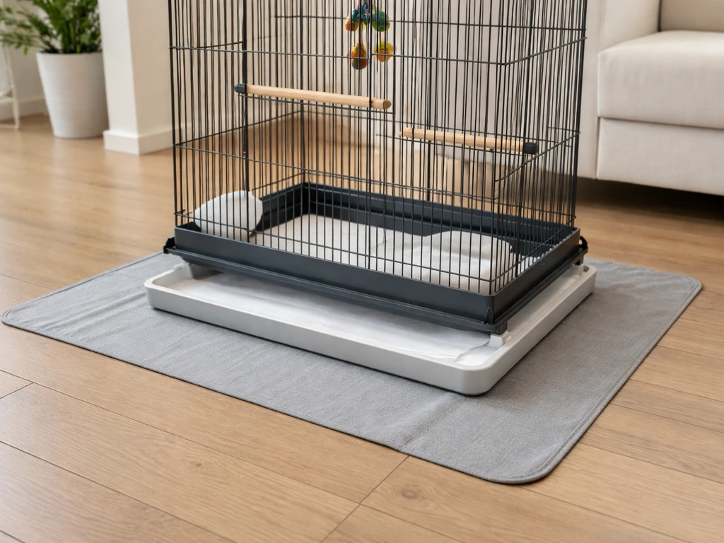 Pet bird cage with a catch tray liner under it to help contain droppings.