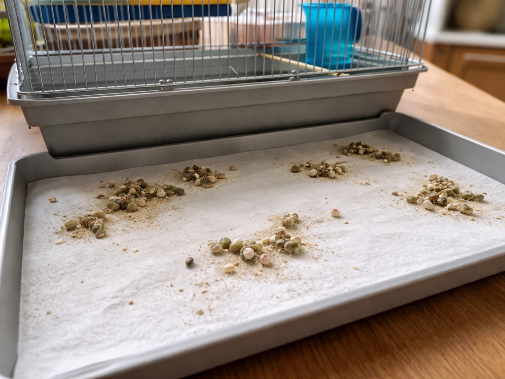 Close-up of a small pet bird cage tray with scattered droppings and a few marked spots for a pattern