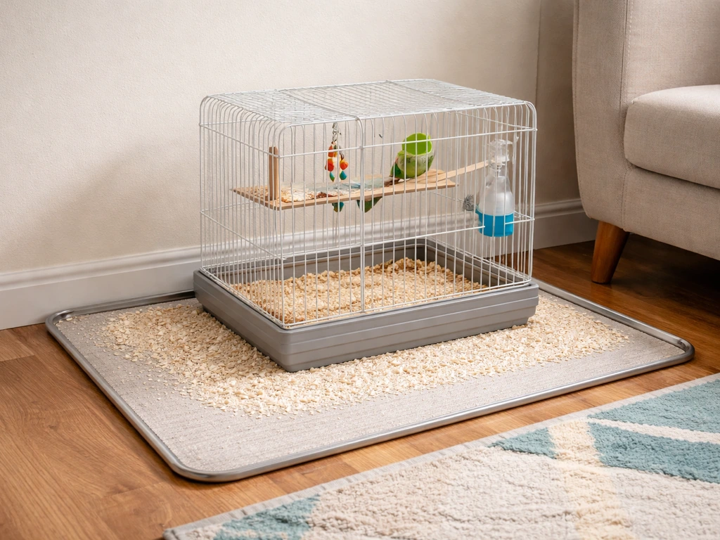 Close-up of a dedicated bird-cage mat with a tray under a cage in a simple room corner