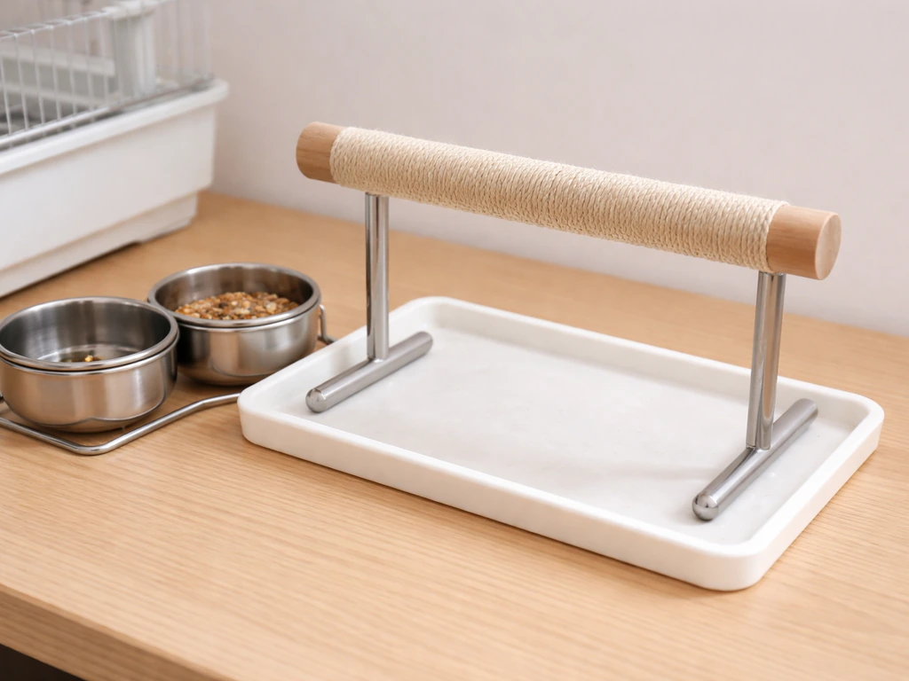 Bird perch placed away from food and water bowls, with a catch tray under the perch.