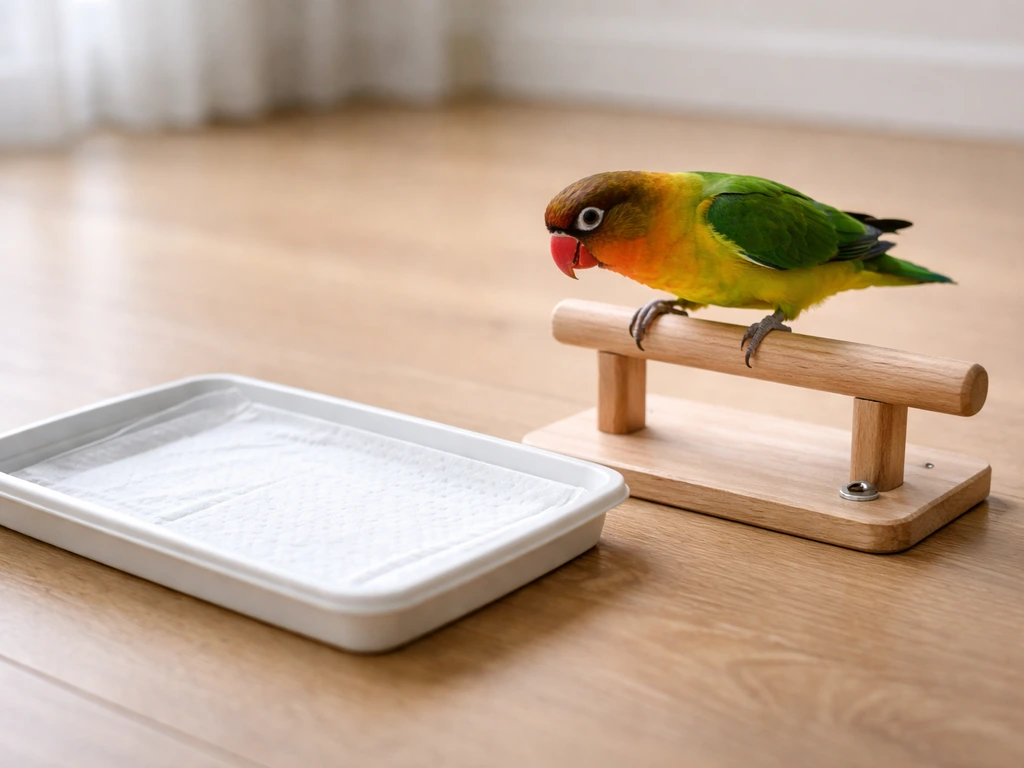 Small parrot being guided toward a lined tray on a clean floor during poop training