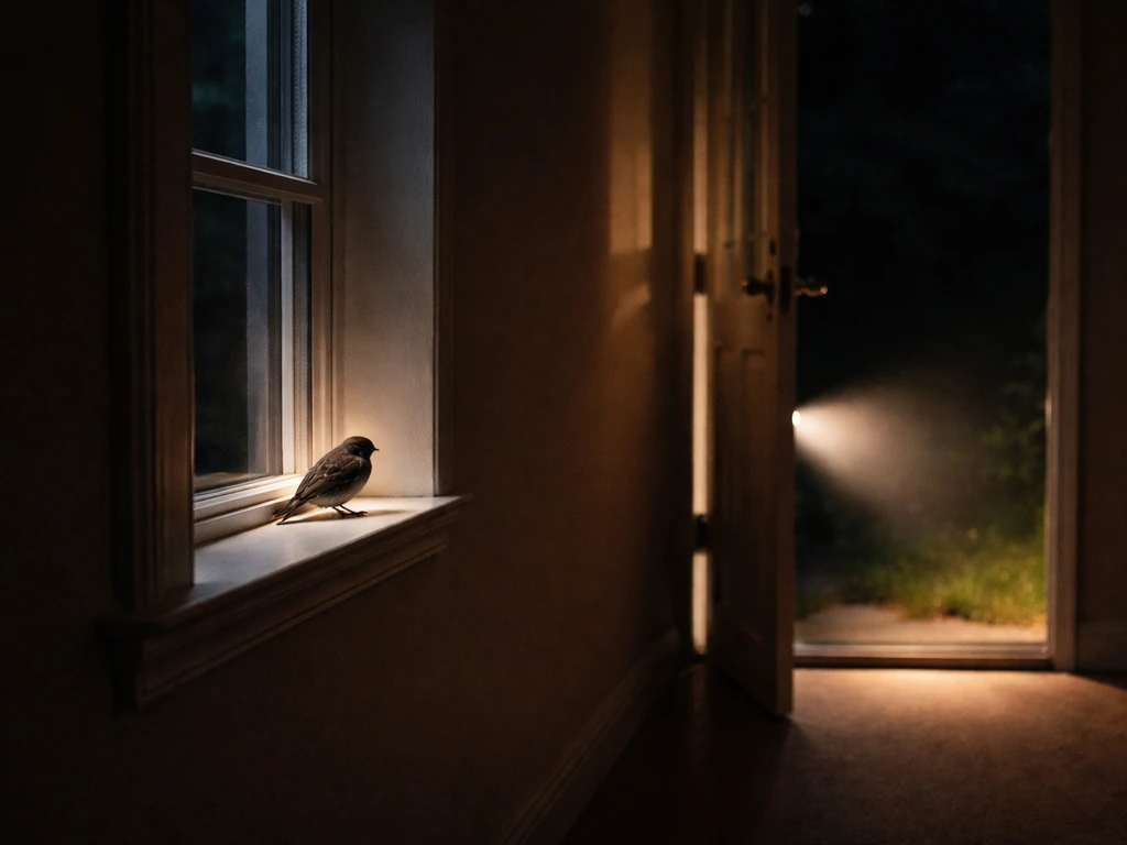 Nighttime home interior with a small bird perched by an open door and a warm one-way exit light.