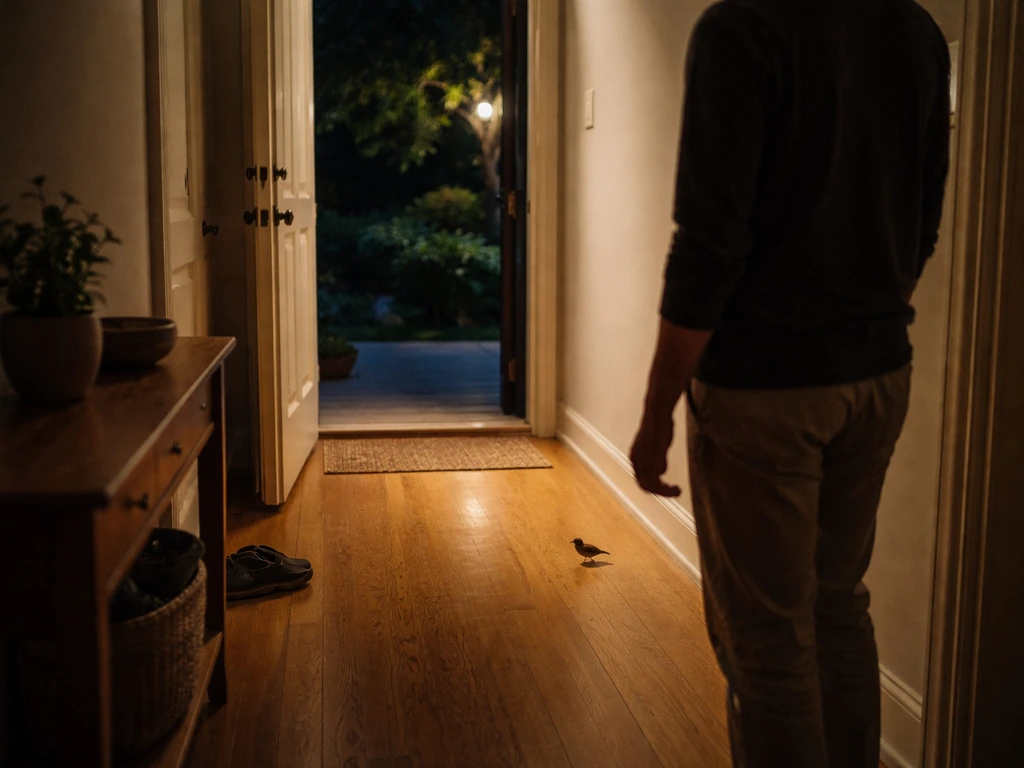 Calm homeowner at night standing back near an open exit as a small bird settles indoors.