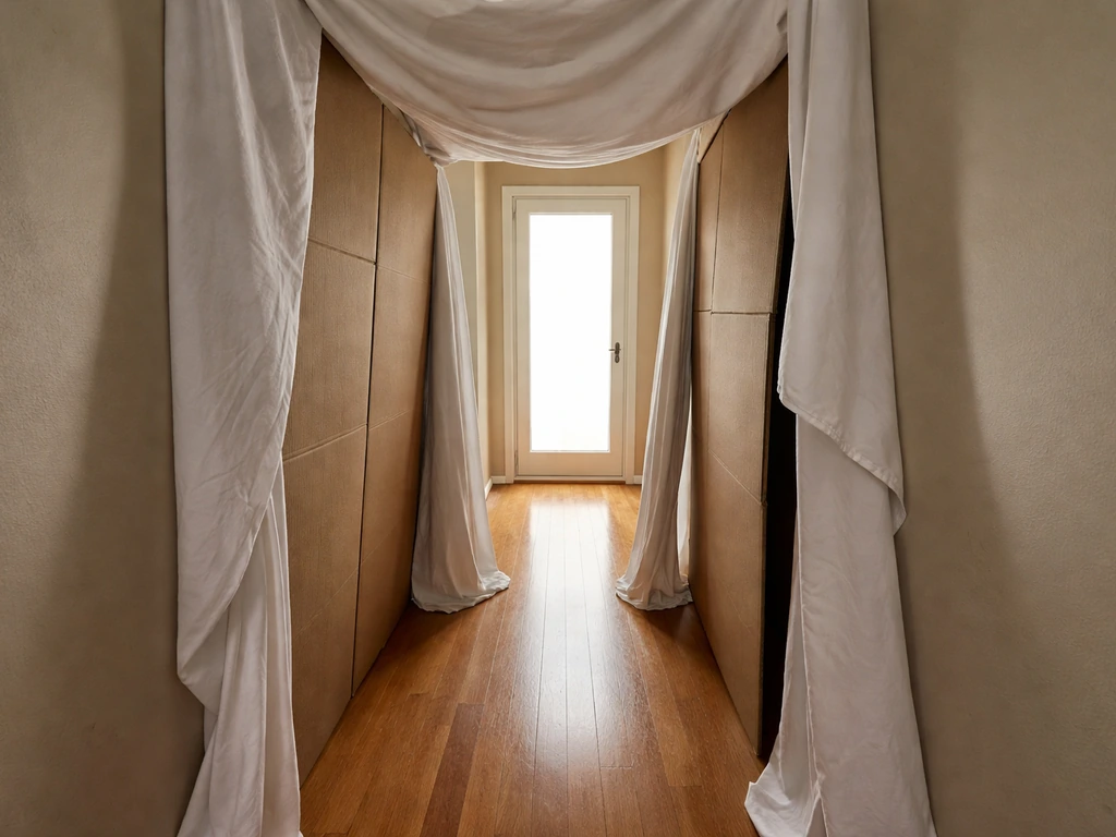 Cardboard panels and sheets narrow a corridor toward a bright doorway, showing how to guide a bird’s exit.