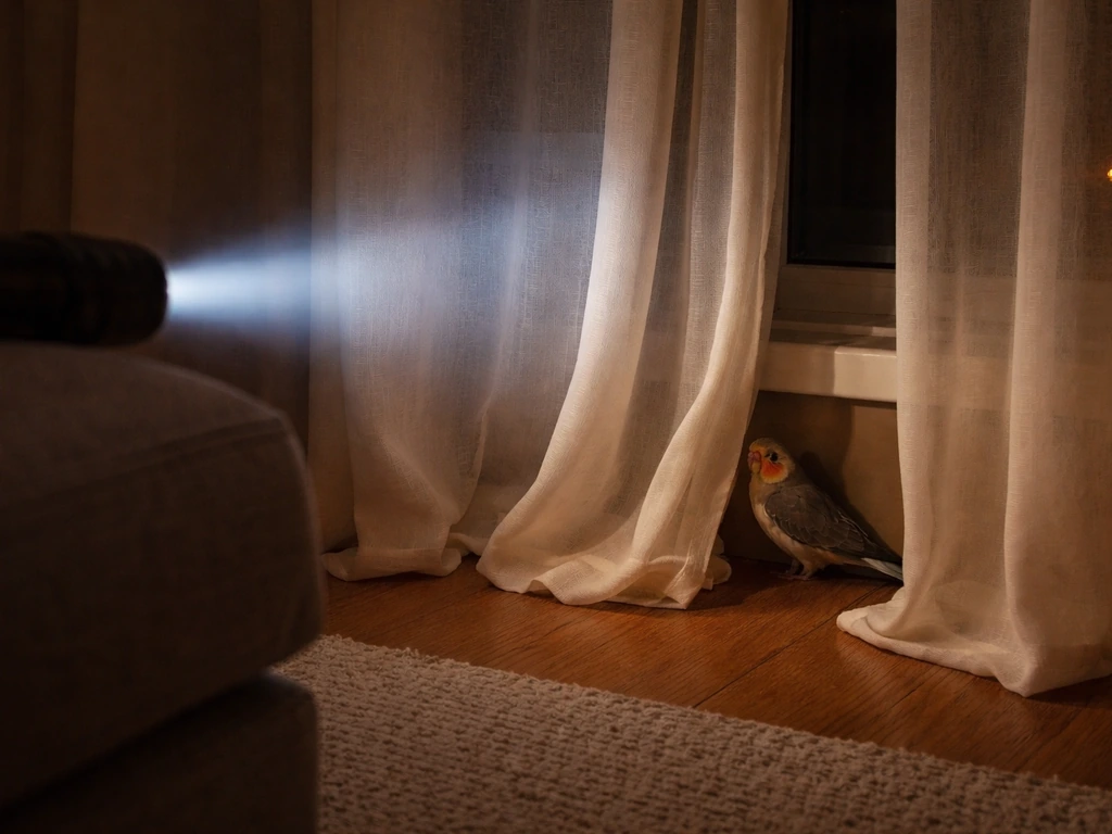 Flashlight beam reveals a small bird hiding behind living-room curtains near a window.