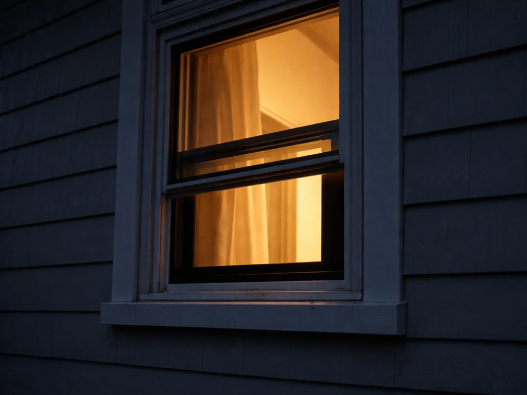 Nighttime house window slightly open with a visible gap where a bird could enter.