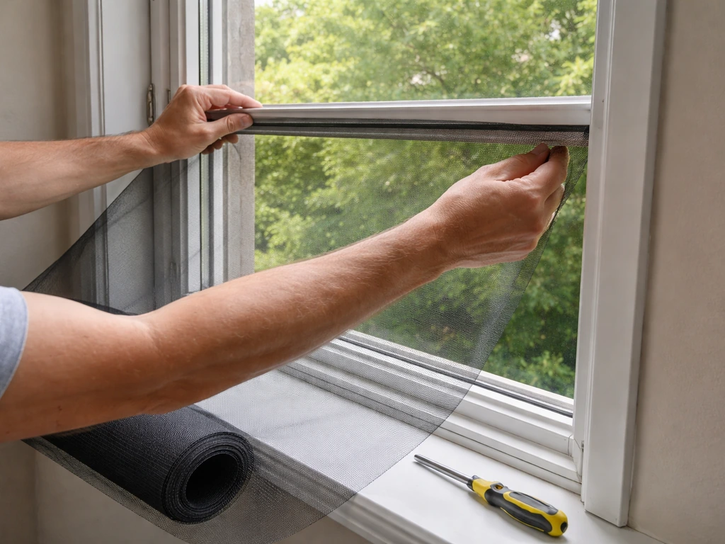 Homeowner replacing a window screen with bird mesh beside a closed exterior door.