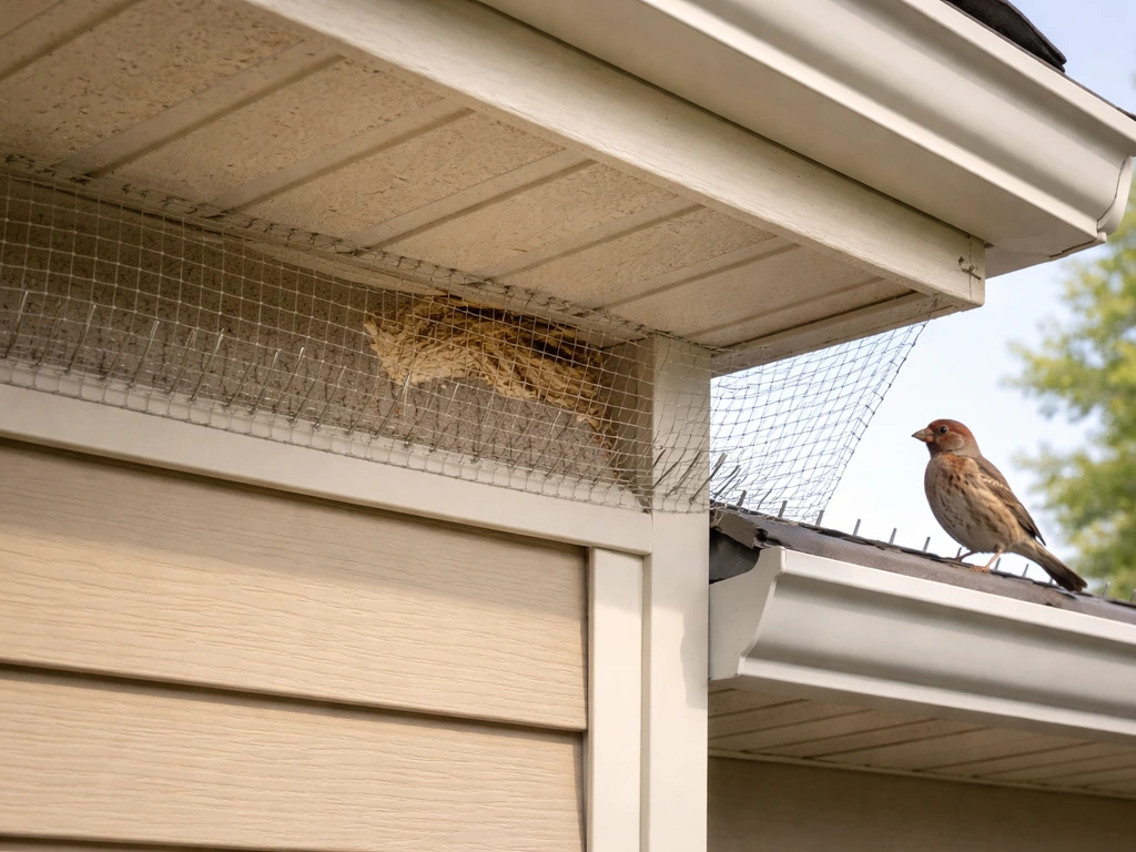 Bird pecking damage near a house eave with humane deterrent mesh installed, outdoors in natural light.