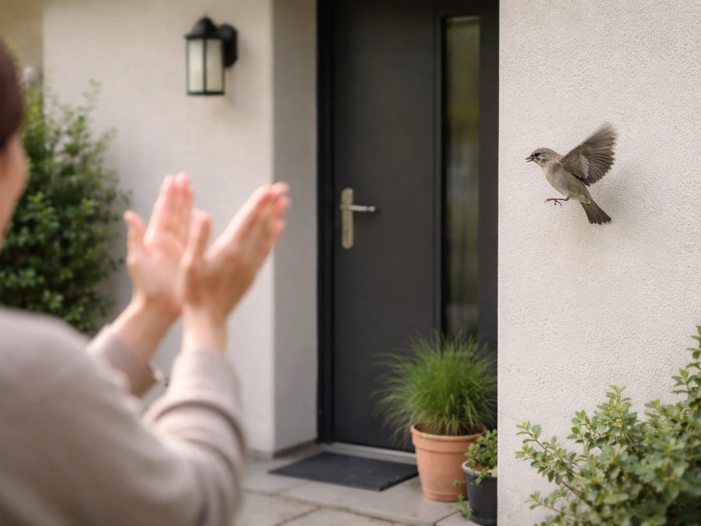 Person clapping near a home facade as a nearby bird startles mid-approach