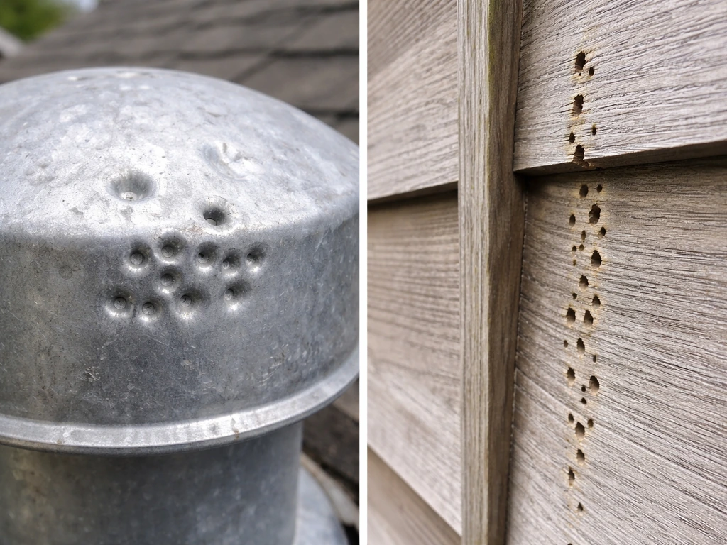 Two-panel close-up showing different pecking damage patterns on metal vent and wooden siding.