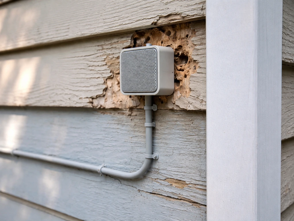 Close-up of a small speaker/receiver mounted near a pecking spot on a building facade with tidy wiring.