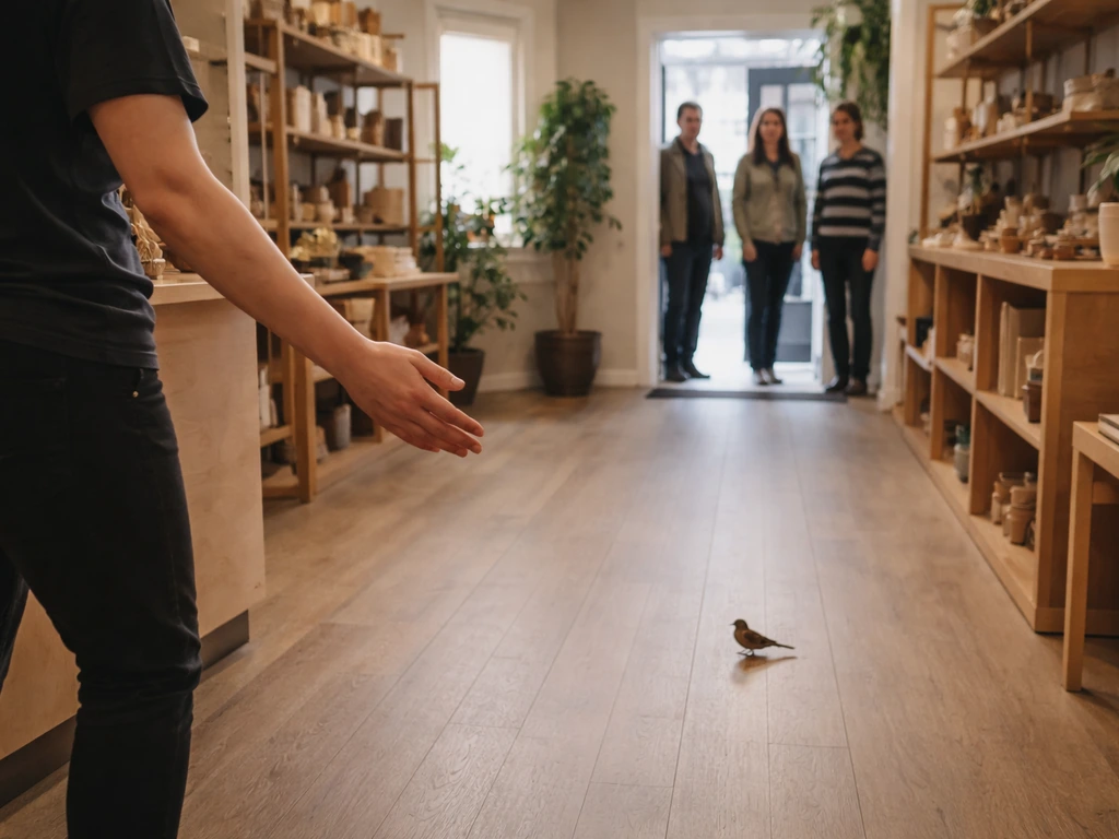 Staff calmly guiding customers away from an active area while a bird moves safely inside a store.