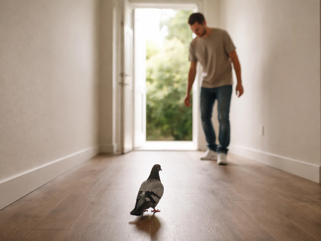 Person gently herding a bird toward an open door from several feet away in a quiet room.