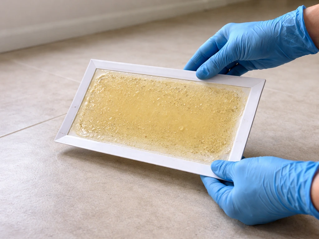 Gloved hands lifting a removed sticky board near a clean floor, showing it as something to avoid