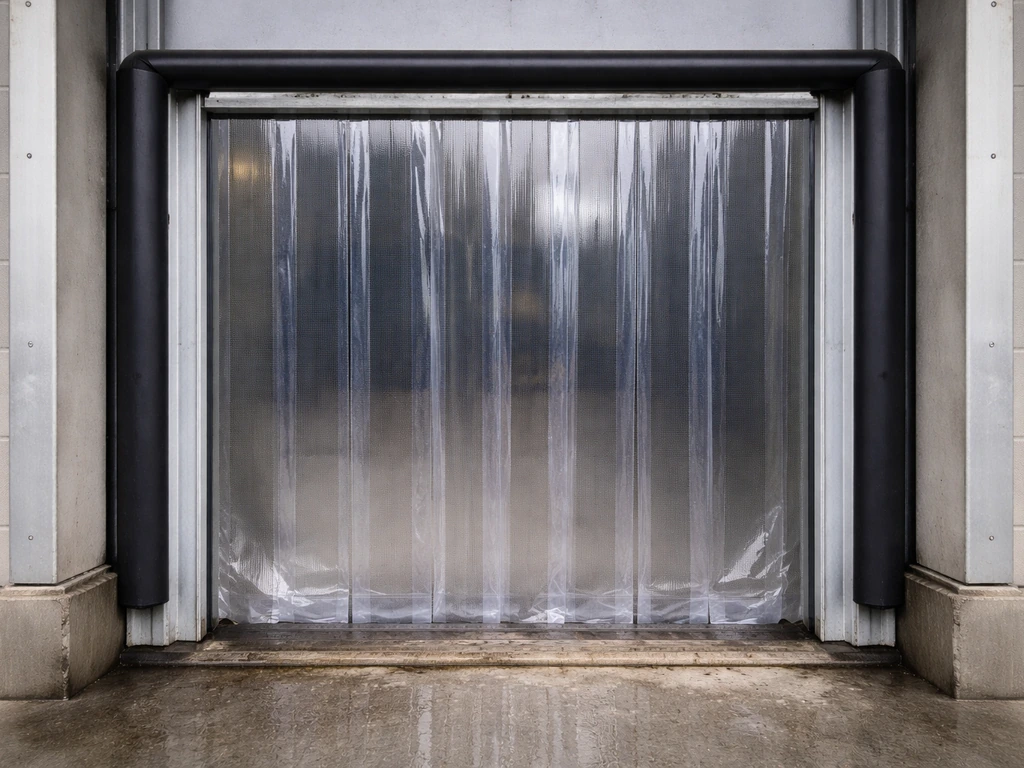 Close-up of a strip curtain barrier and sealed entry point at a loading dock to deter birds.