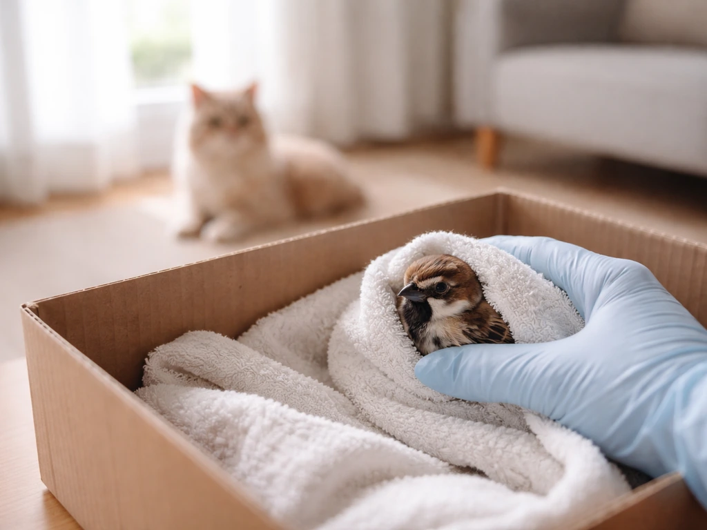 Gloved hand holding a small towel-wrapped bird in a box while a cat stays secured indoors in the background.