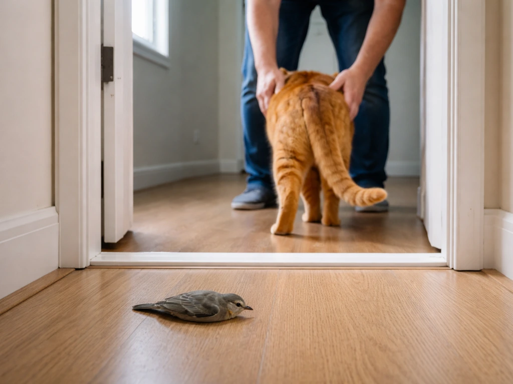 A person gently guiding an indoor cat into a separate room, leaving a bird undisturbed outside the doorway.