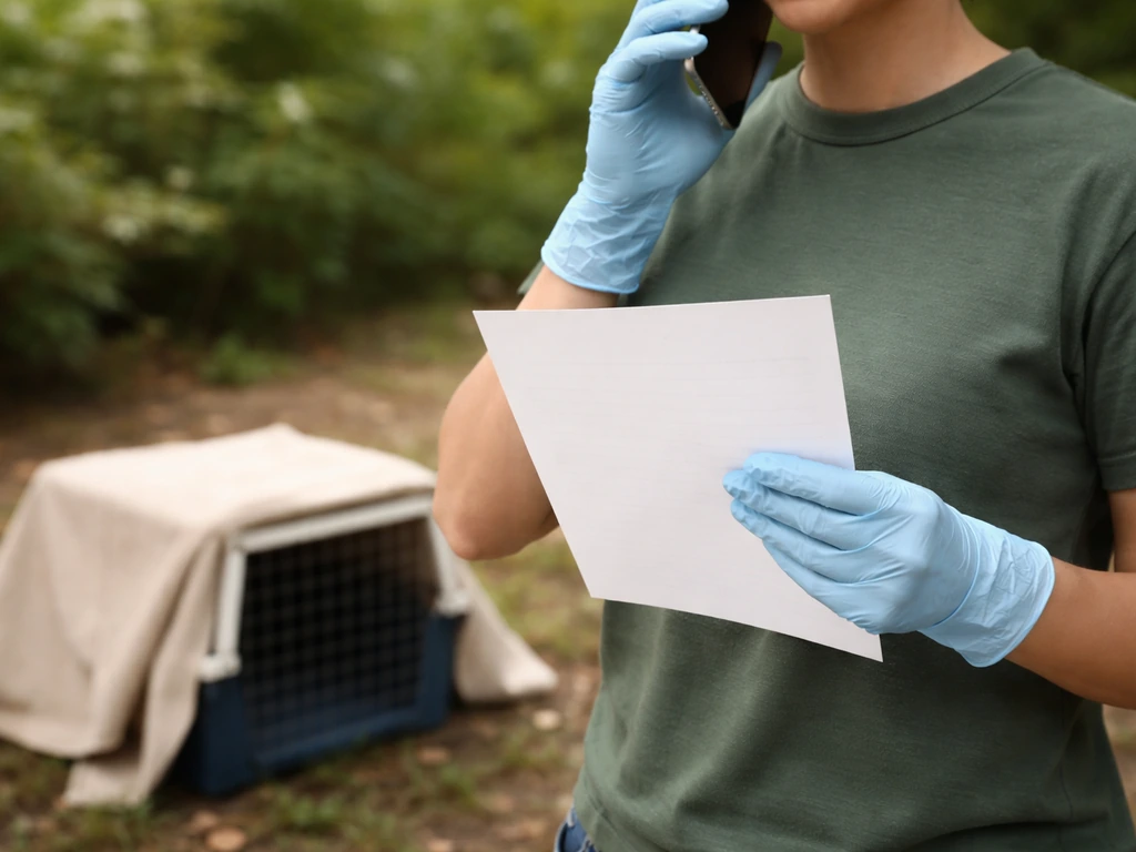 Wildlife responder holding a checklist while on a phone call, gloves on, outdoors near a small bird habitat