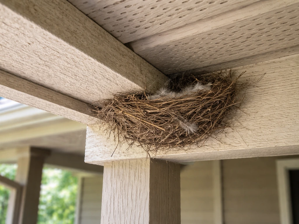 Close view of a porch eave with a small bird nest tucked under the overhang