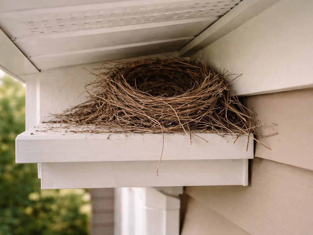 Close-up of a porch eave nest area that looks inactive, with no eggs or chicks visible.