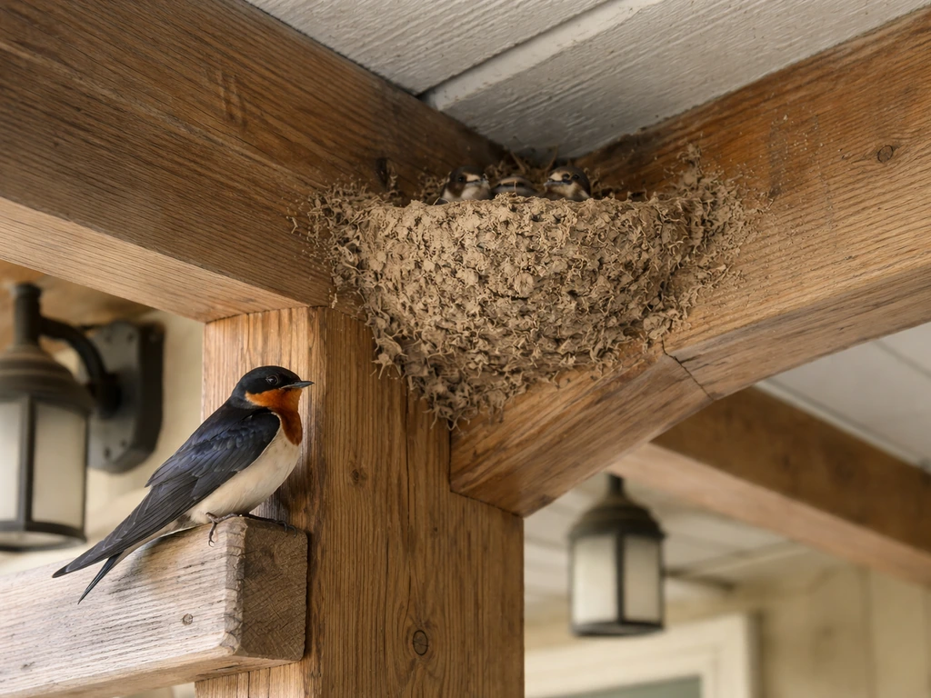 Barn swallow mud cup nest under a porch eave with one swallow perched on the wooden beam.