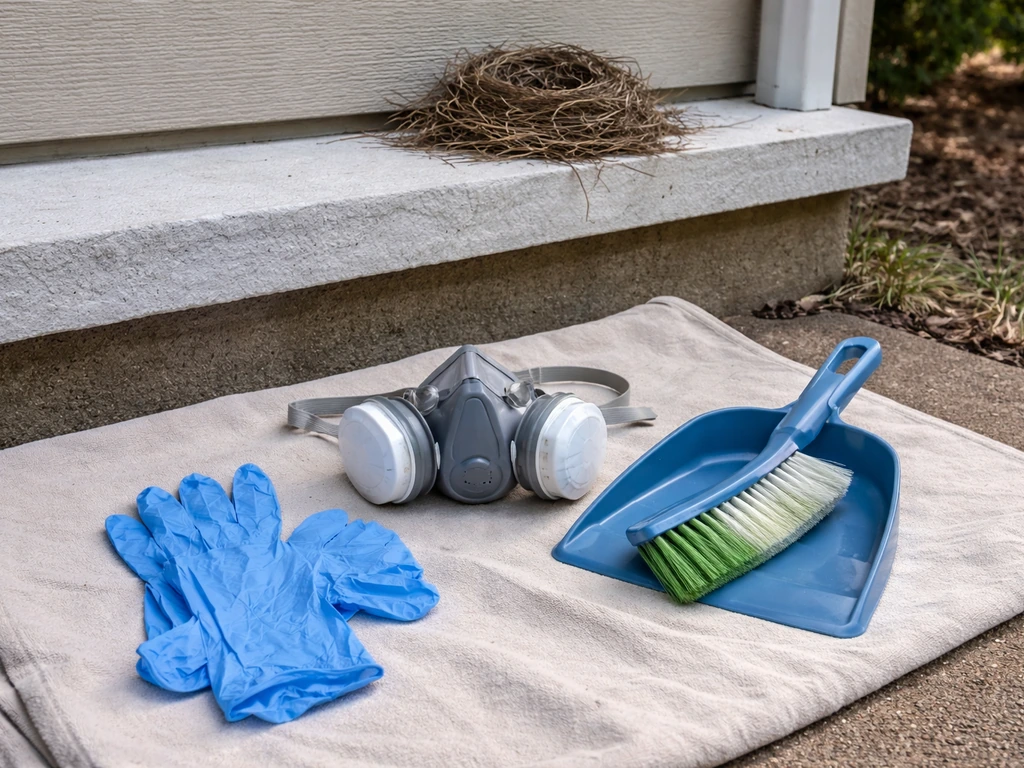 Gloves, respirator, and a small brush staged beside an outdoor ledge with an inactive bird nest.