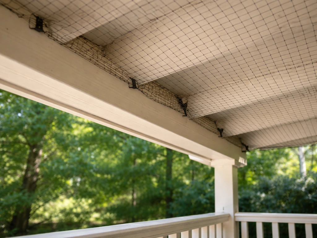 Bird exclusion netting secured under porch eaves to block entry points.