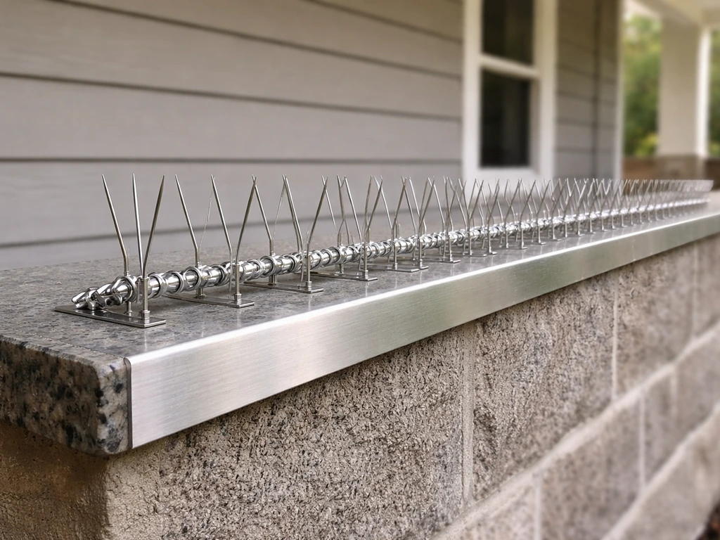 Stainless spike and coil deterrents installed along a horizontal porch ledge to prevent birds landing.