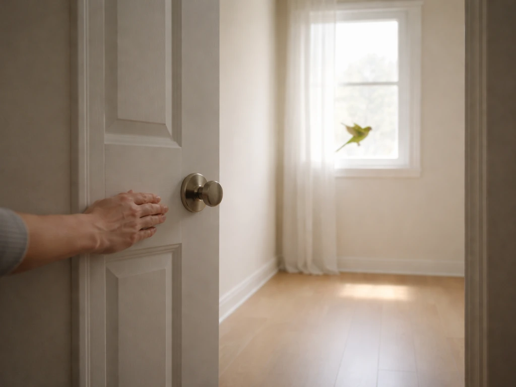 A calm person closing an interior door while keeping pets out as a small bird flutters near a window