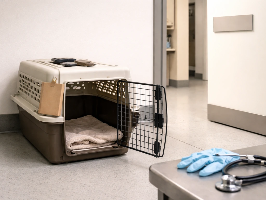 Minimal wildlife rehab intake setup with a ventilated carrier, towel, and exam-room doorway.