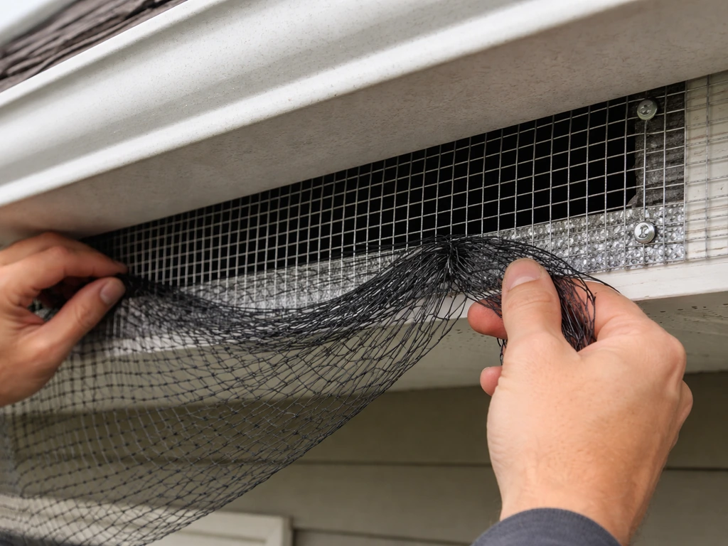 Close-up of exclusion netting and hardware cloth installed along a building soffit edge to block bird entry.