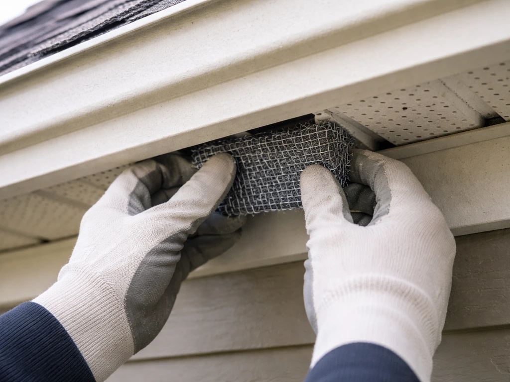Close-up of a roof soffit/vent area with an opening being temporarily sealed using hardware cloth